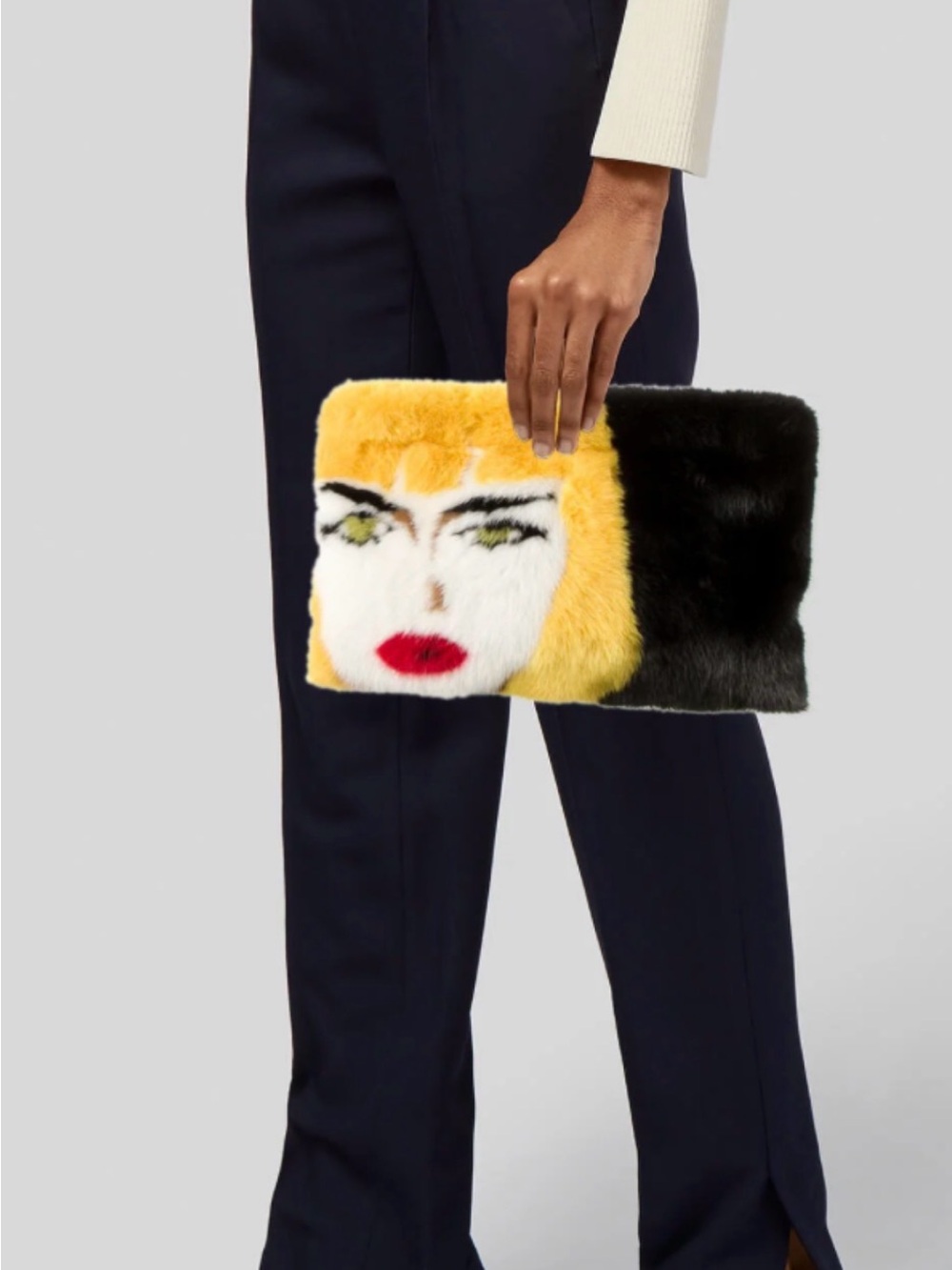 Prada Mink Fur Face-Print Clutch in Yellow & Black